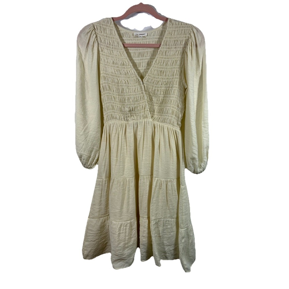 Blu Pepper Cream Smocked Tiered Mini Dress Long Balloon Sleeve Cottagecore Small